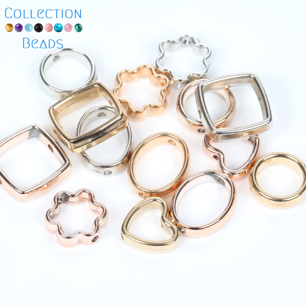 50Pcs Rose Gold Color CCB Beads Double Hole Square Heart Circle Plastic Pendant For Jewelry Making Findings DIY Charm Accessorie