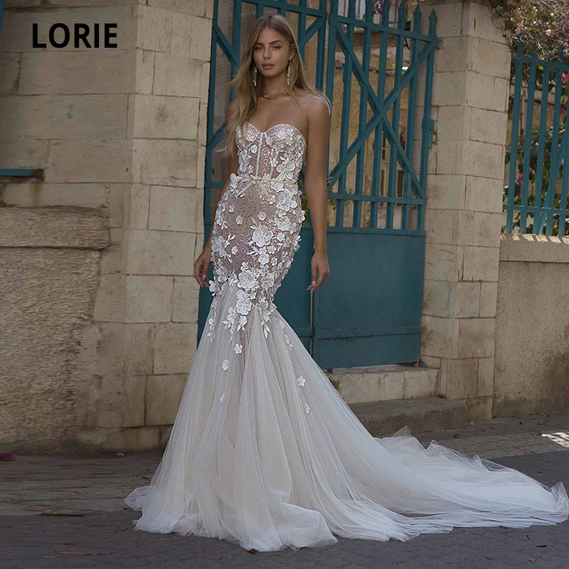 LORIE-vestidos de novia con purpurina, vestido de novia con lentejuelas bohemio, forro champán claro, marfil, flores 3D, sirena, 2024