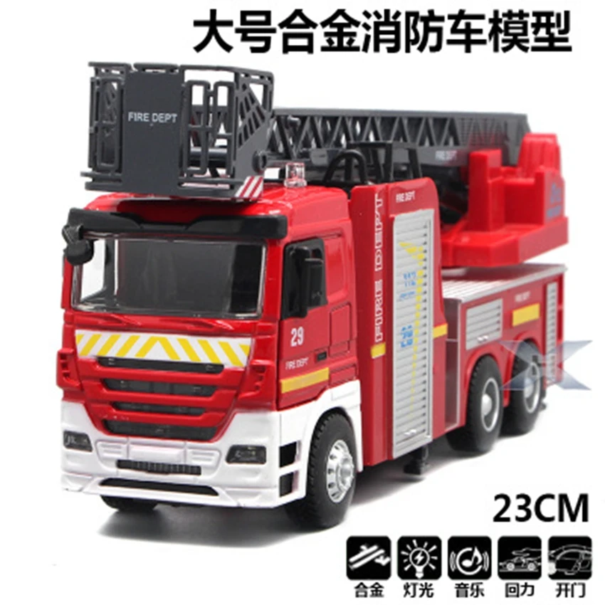 1:32 large alloy fire truck ladder model can open the door ladder lift sound and light inertia toy car children birthday gift