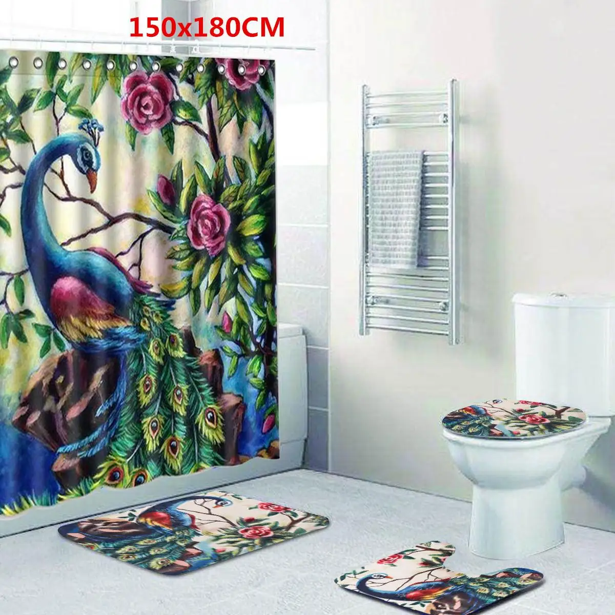 Colorful Flower Peacock Bathroom Non-slip Mat Set Durable Waterproof Shower Curtain Set Pedestal Rug Lid Toilet Cover Bath Mat