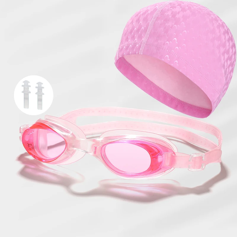 3in1 Waterproof Men Women Swimming Pool Goggles Set Water Sport Eyewear wi/ Earplugs PU Coating Fabric Swim Caps Hat Accessories