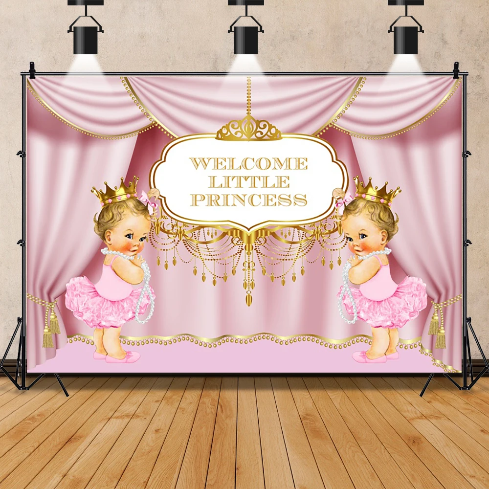 Pink Curtain Crown Newborn Baby Shower Royal Custom Backdrop Welcome Little Princess Birthday Photography Background Banner