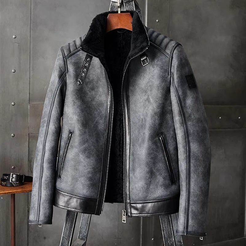 Denny&Dora New Shearling Coat Mens B3 Bomber Jacket Grey Motorcycle Leather Overcoat Winter Sheepskin Fur Outerwear