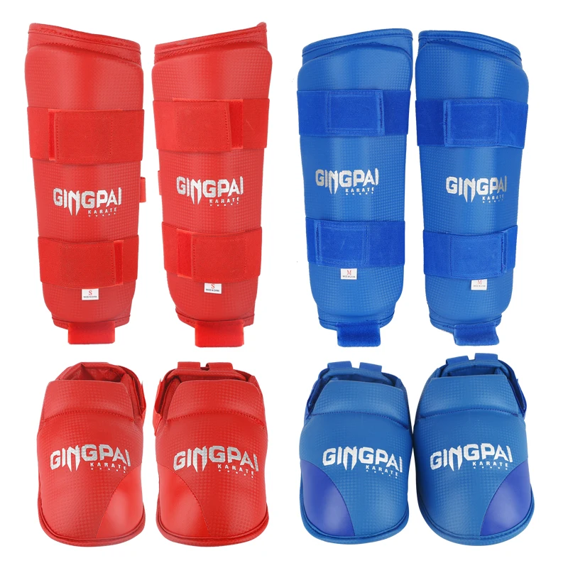 GINGPAI Professional Karate Shin Guards with Finger Red Blue Muay Thai Leg Guard Foot Pads Ankle Support MMA Taekwondo Protects