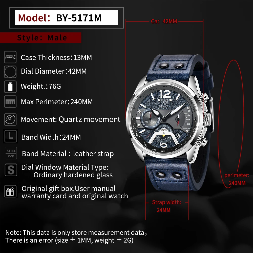 2023 New BENYAR Top Brand 42mm Men Quartz Watches Men\'s Pilot Waterproof Leather Watch Men Sport Chronograph Reloj Hombre