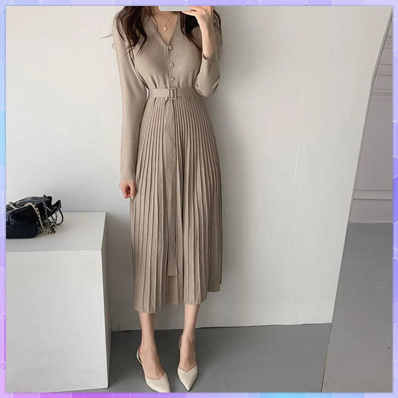 Vintage One Piece Korean Pleated Dress Long Sleeve Slim Woman Sweater Dresses Knitted Elegant Midi Party Woman Long Dress