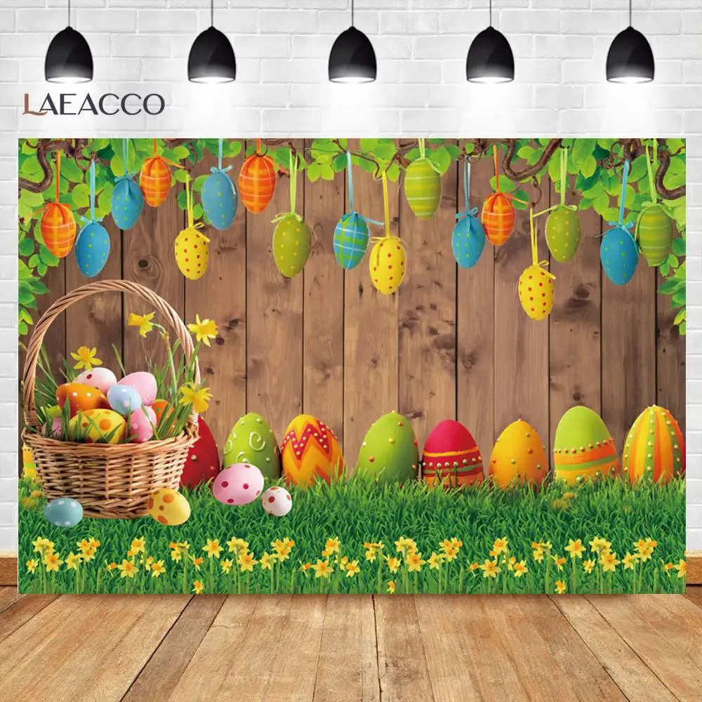 

Spring Easter Background For Photography Grass Lawn Colored Eggs Wood Board Planks Baby Portrait Photographic Backdrop Photocall