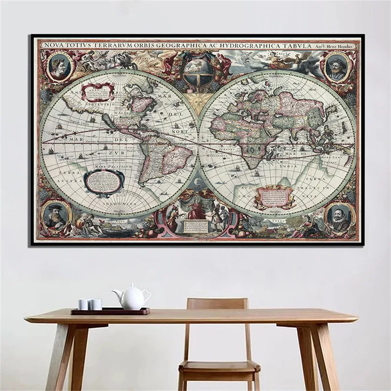 Retro World Map Nautical Ocean Map Canvas Painting Wall Art Chart Sticker Antique Home Decor Large Size Map World On The Wall