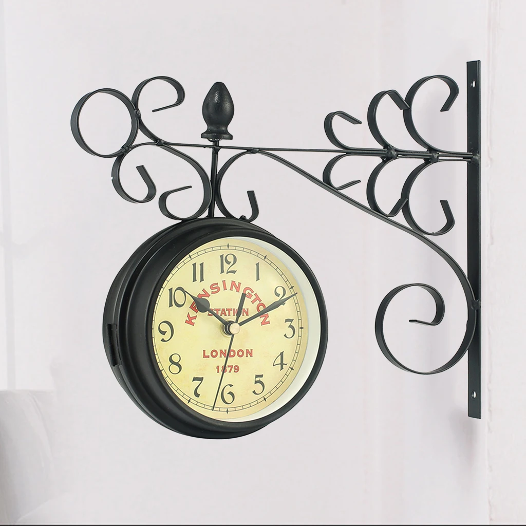 Decorative Double Faced Wall Clock Antique Station Wall Clock Quiet Retro Ornament Indoor/Outdoor Home Living Room Decoration