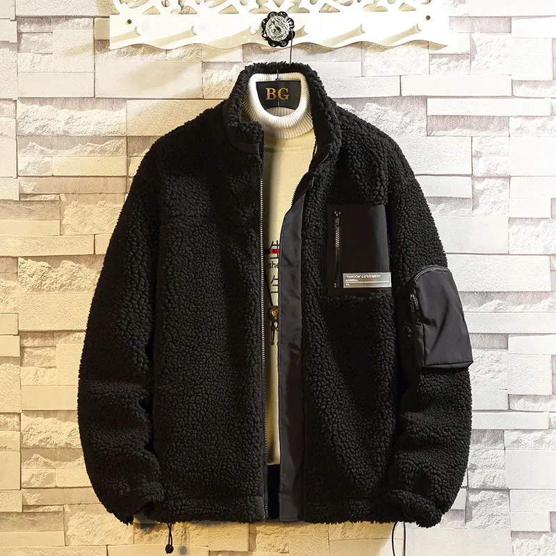 Lamb Wool Men's Coat Autumn Winter Solid Stand Collar Zipper Warm Wind-proof Large Size Casual Fashion Male Quality Parka