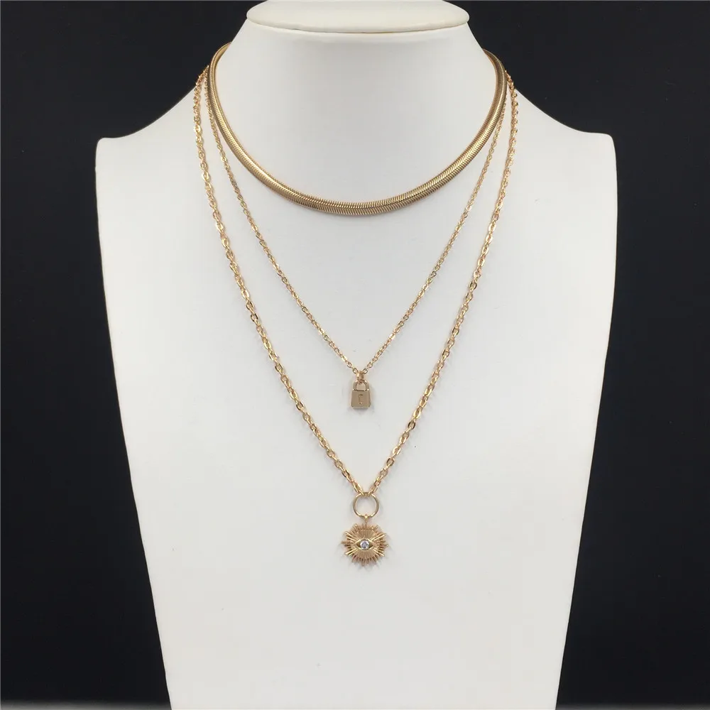 Trendy Gold Color Plating Lovely Lock CZ Zircon Eye Pendant Snake Chain Layered Necklace For Women Girl Elegant Fancy Jewelry