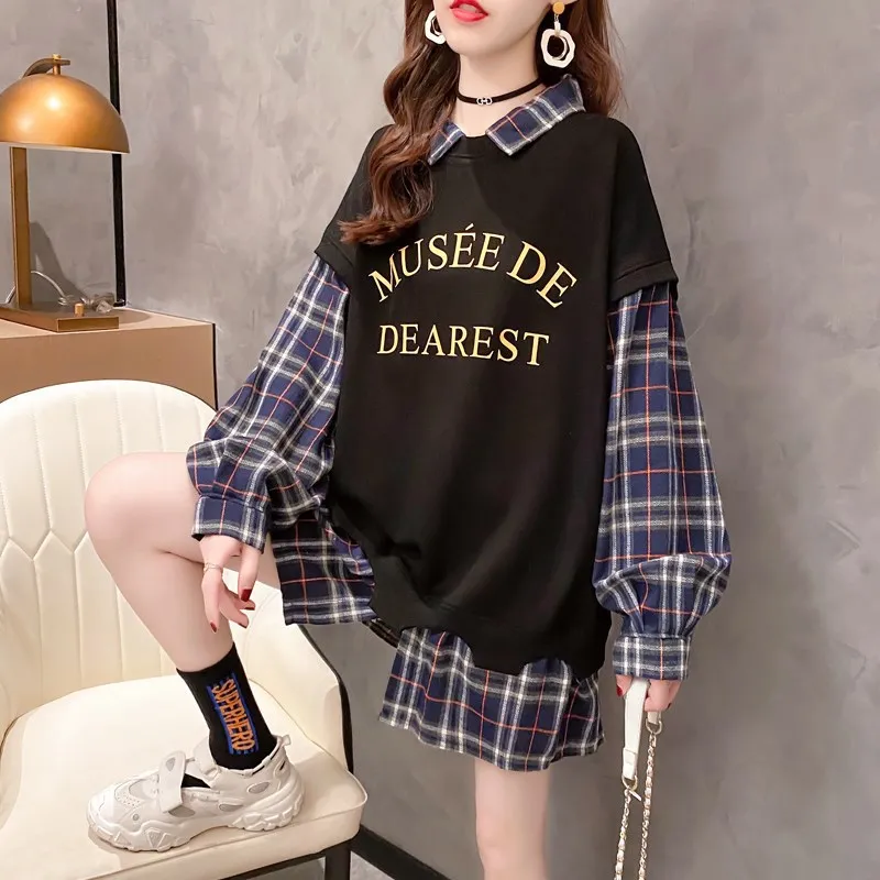 2020 Autumn New Korean Version Loose Fashion Casual Plaid Fake Two-piece Women Sweatshirt Letter Printing Lapel Female Pullover