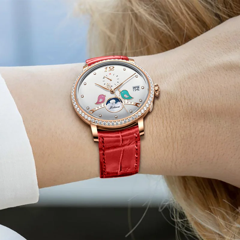 LOBINNI Элегантные женские часы с бриллиантовым дизайном, циферблат с фазой Луны, автоматические механические часы, женские часы с сапфировым стеклом