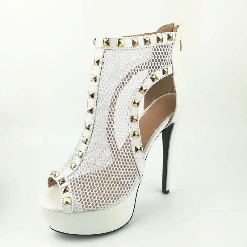 

Air Mesh Ankle Booties Rivet Peep Toe High Platform Sandals Zip Up Stiletto High Heels Hollow Cut Out Shoes For Bride Big Size