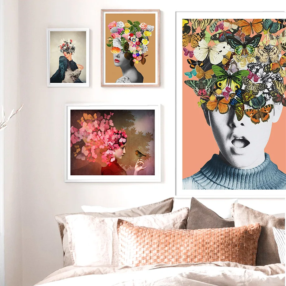 Abstract Vintage Girl Butterfly Flower Wall Art Canvas Painting Nordic Posters And Prints Wall Pictures For Living Room Decor