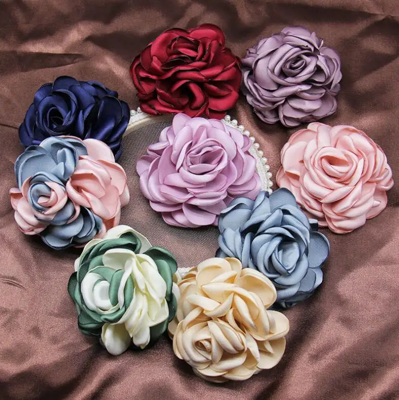 5Pcs 8CM Handmade DIY Large Satin Fabric Artificial Rose Flowers For Wedding Party Craft Home Decoration