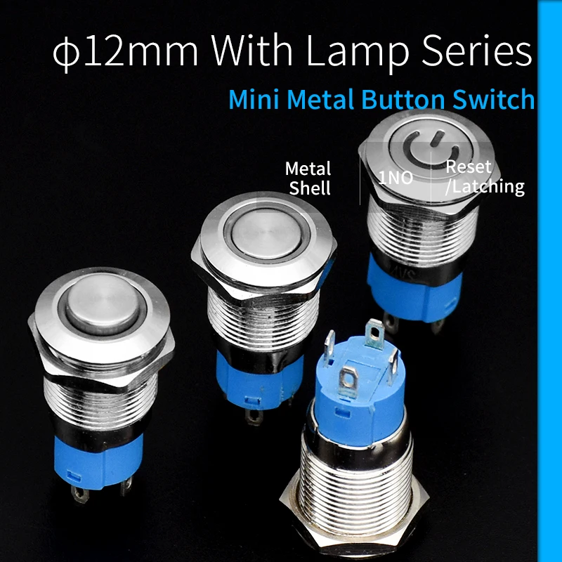 12mm Waterproof Metal Push Button Switch LED Light Momentary Latching Car Engine PC Power Switch 3V 5V 12V 24V 220V with Plug