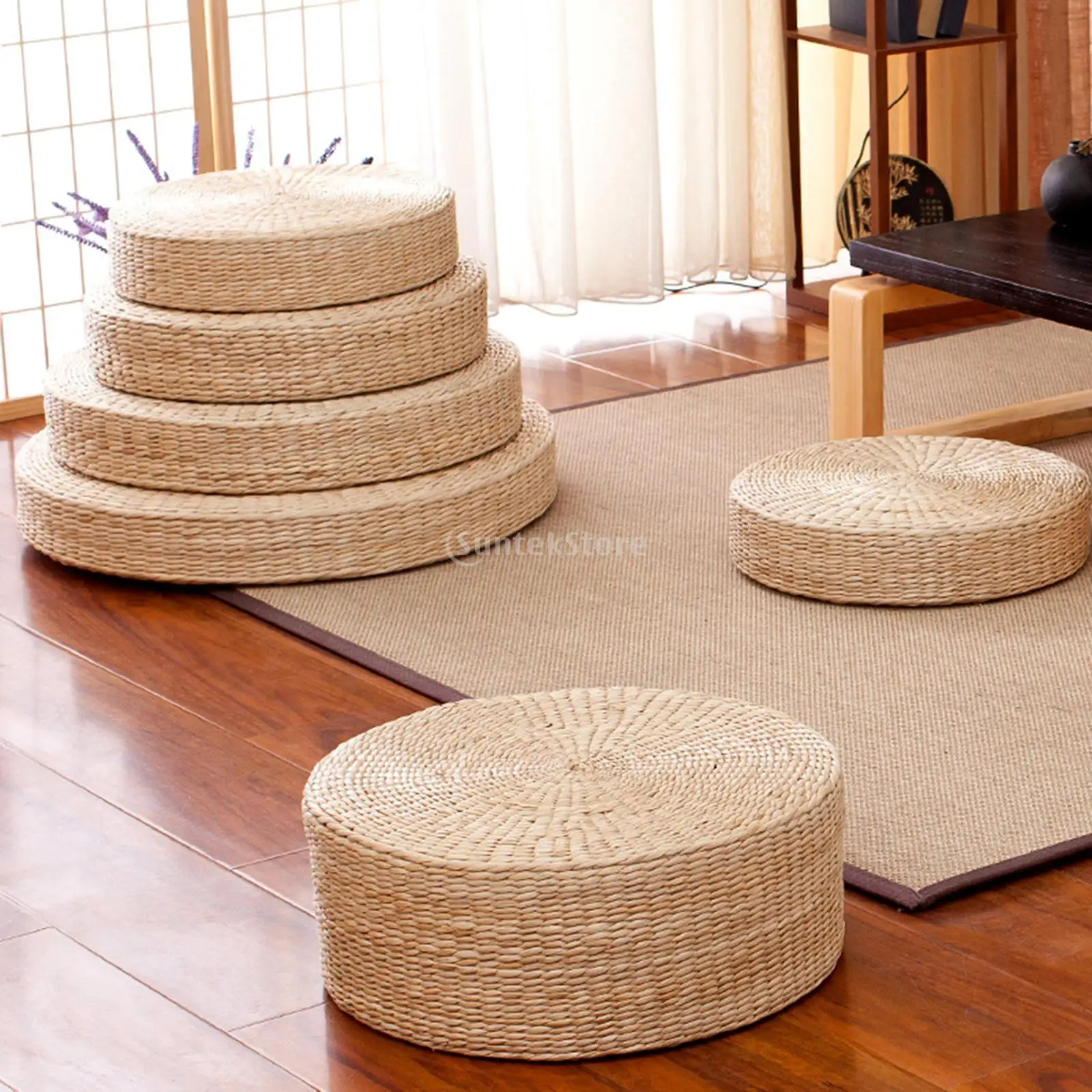 12 inch Rustic Floor Cushion Straw Pouf Seat Meditation Ottoman Home Decor Meditation Cushion Buckwheat Floor Seat Cushion