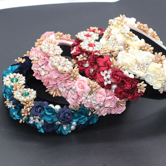 Damskie modne opaski do włosów w stylu mody barokowej temperamentu gąbki rhinestone tkaniny kwiat dziki pałąk 686