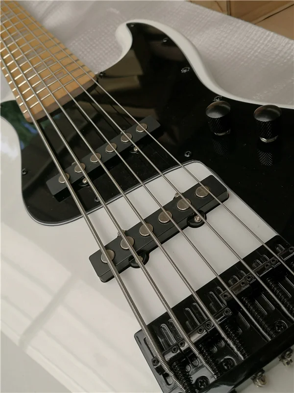 Free shipping custom 6 string bass guitar ,white bass,maple neck shell pearl inlay,SS pickups,active battery,chrome bridge