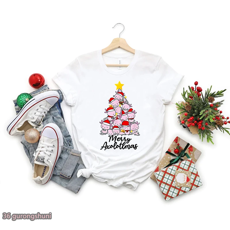 

Axolotl Merry Christmas Cartoon Print T-Shirt Women Funny Harajuku Kawaii Clothes Summer Short Sleeve T Shirt Female Streetwear