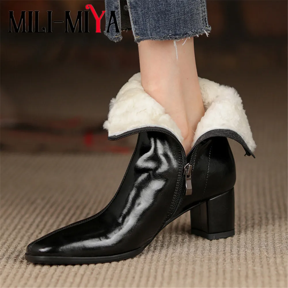 

MILI-MIYA Hot Genuine Leather 2022 Wool Thick Fur Warm Snow Ankle Boots Women Zipper Thick Heel Square Toe Winter Party Shoes