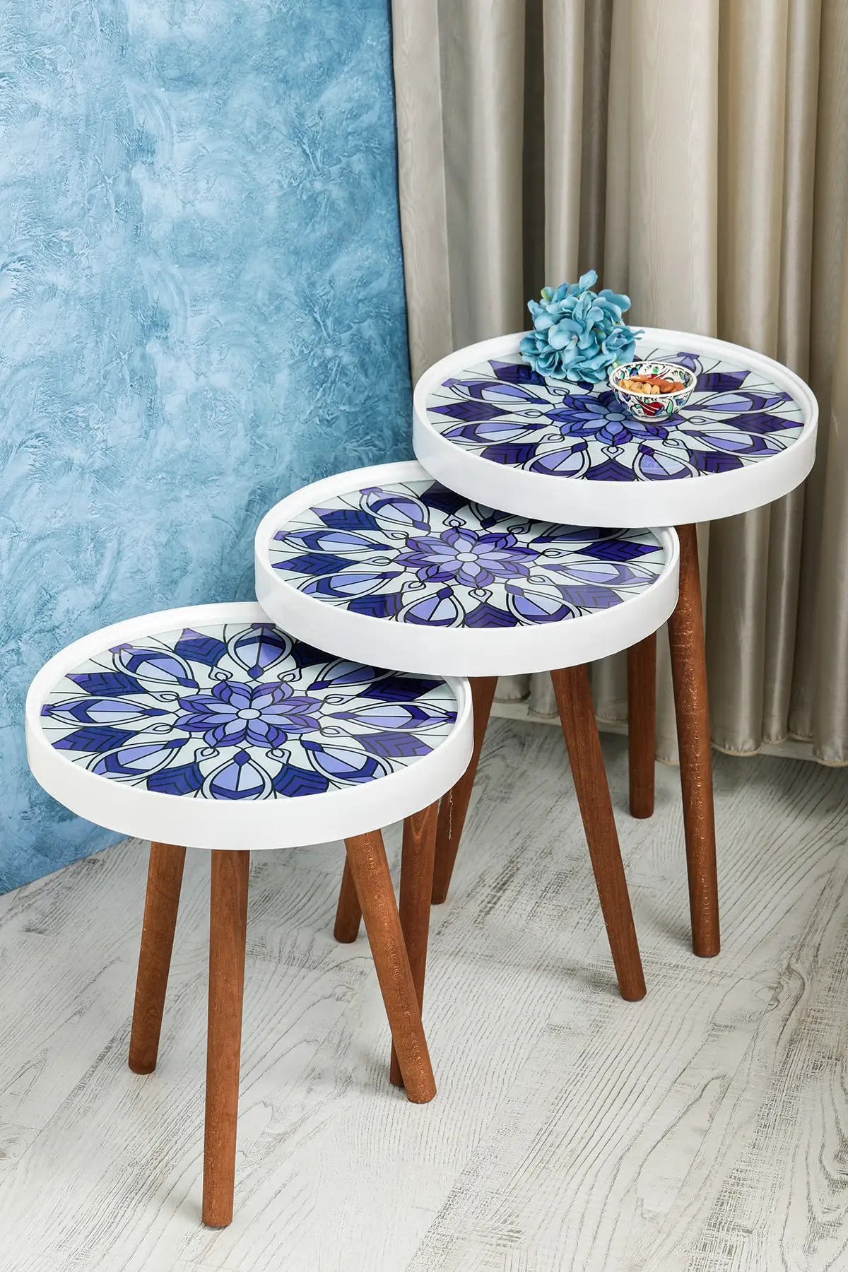 Table basse Zigon, 3 pièces, verre rétro, impression spéciale