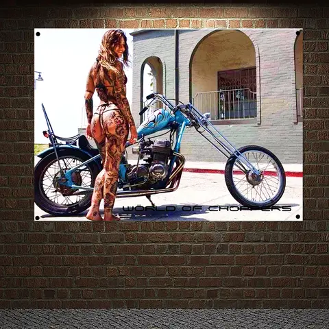 Sexy Girl Nude Art Posters Wall Chart Moto Lady With Tattoos Banner Flag Wall Hanging Motorcycle Poster Vintage Interior Decor