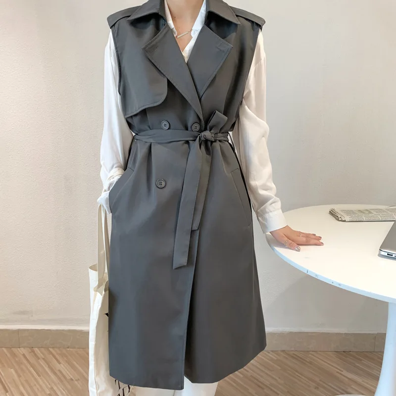 

Mid-length Female Gray Trench Coat Waistcoat With Sashes Spring Autumn 2024 Korean Women Double Breasted Lapel Sleeveless Vest