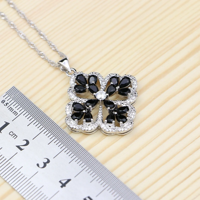 Punk Black Stones Jewelry Sets For Women Party Decoration 925 Sterling Silver Necklace Drop Earring Pendant Ring Set