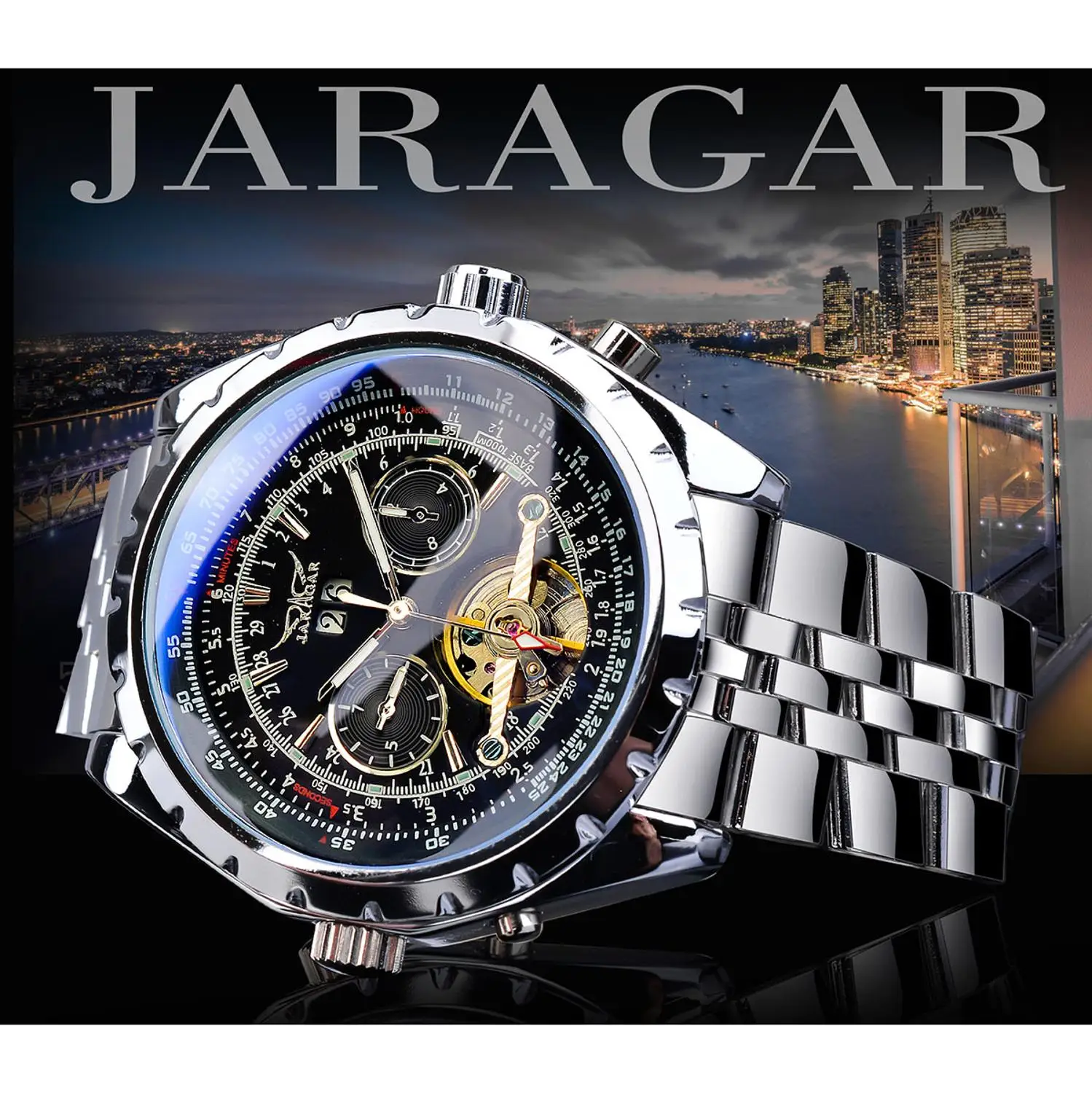 Jaragar Tourbillon Mens Watch Automatic Self-Wind Black Luminous Hands Calendar Stainless Steel Belts Mechanical Steampunk Clock