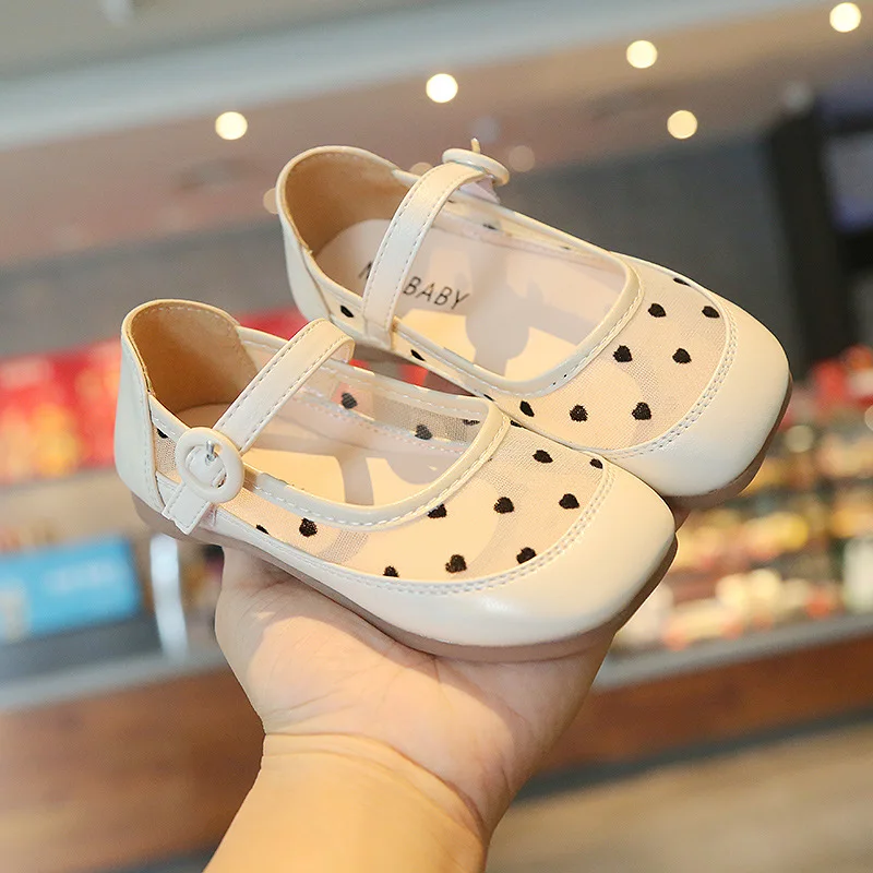 Girls Leather Shoes Spring Summer Fashion Dot Net Cloth Kids Princess Shoes Black White Dot Baby Girl Shoes SMG162