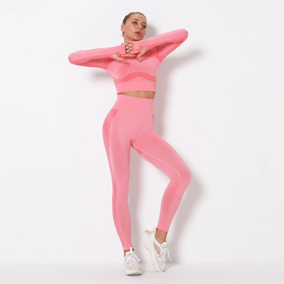 

2 pcs/set Seamless Women Sport Suit Gym Workout Clothes Long Sleeve Fitness Crop Top And Scrunch Butt Leggings Yoga Set 9169