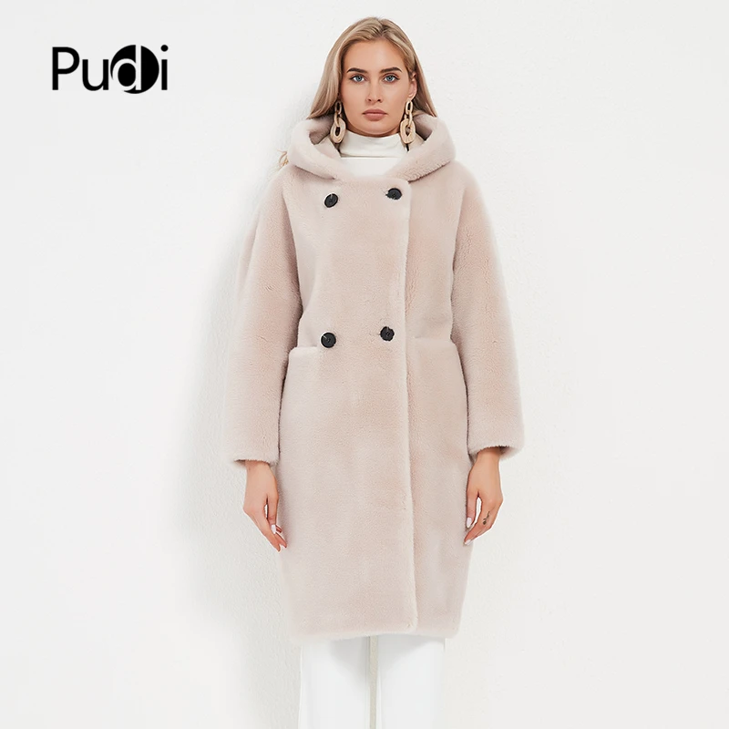 

PUDI Women's Winter Warm Real Wool Fur Coat Jacket Vest Lady Over Size Hooded Fur Parka Trench H6005