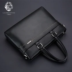 LAORENTOU-maletín de negocios para hombre, bolso de hombro de cuero genuino para ordenador portátil, bandolera de cuero de vaca para Notebook