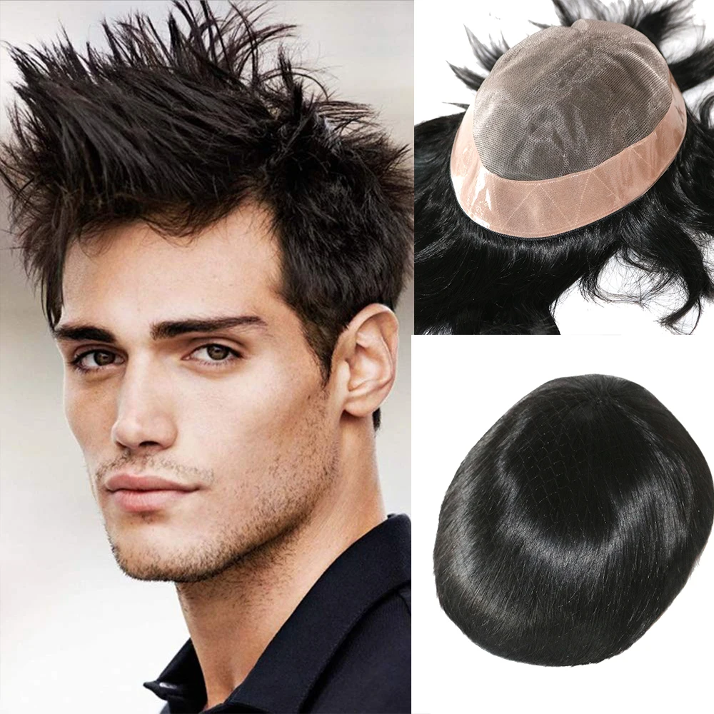 Tupé de cabello humano para hombres, Mono con tapa de revestimiento de polietileno, 6 pulgadas, sistema de reemplazo recto