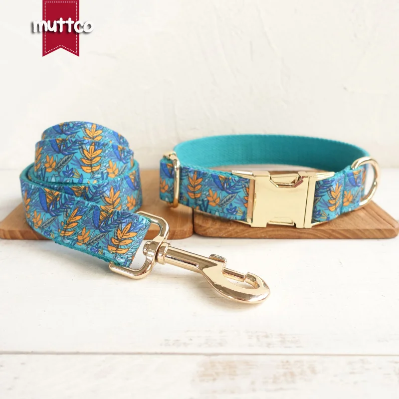 MUTTCO retailing colorful handmade collar THE LEAF 5 sizes dog collar leash with bow tie UDC066J