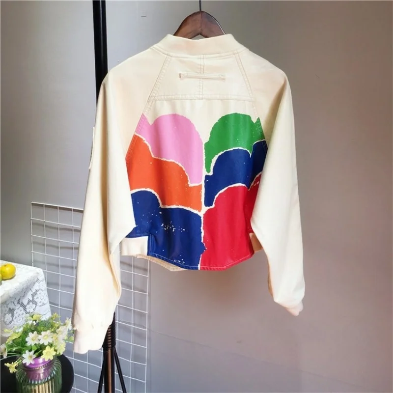 Printed Fashion Batwing Sleeve Pu Leather Jacket Female Streetwear Loose Long Sleeve Biker Short Jacket Autumn Hip Hop Outerwear