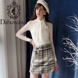 Dabuwawa Spring Autumn Vintage Plaid Skirt for Girls Office Lady Women New Grey High Waist Button A-Line Skirts Female D18DSK014