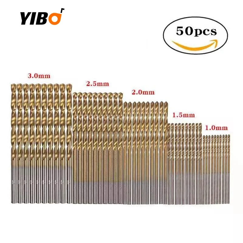 Straight Shank Wear-resistant Rust-proof for Hand Electric Drill Precise Cutting 50PCS HSS Titanium Coated Twist Drill Bit Set