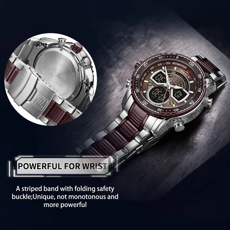 NAVIFORCE Men Luxury Stainless Steel Dual Display Watches Fashion Chronograph Sport Waterproof Wristwatch Relogio Masculino