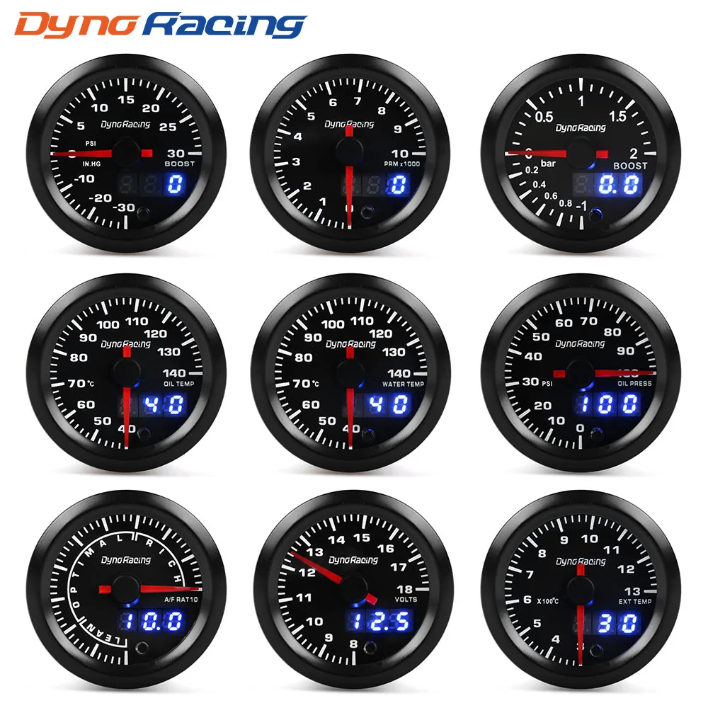 Dynoracing 2" 52mm 7 kolorów LED Podwójny wyświetlacz Boost Temperatura oleju w wodzie Ciśnienie oleju Woltomierz Przełożenie powietrza i paliwa EGT Obrotomierz Samochodowy wskaźnik