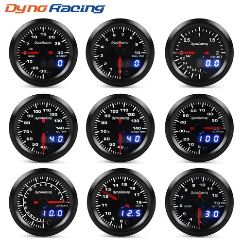 Dynoracing 2 ""52mm 7 colores LED pantalla Dual Boost agua aceite temperatura presión de aceite voltímetro relación aire-combustible tacómetro EGT indicador de coche