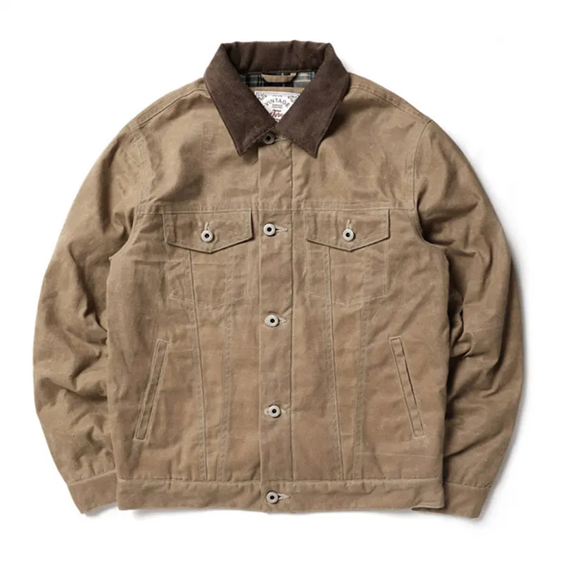 

2021 American Vintage Cotton Cloth Jacket Business Casual Oil Wax Wick Velvet Collar Jacket Spring Autumn Khaki Button Coat