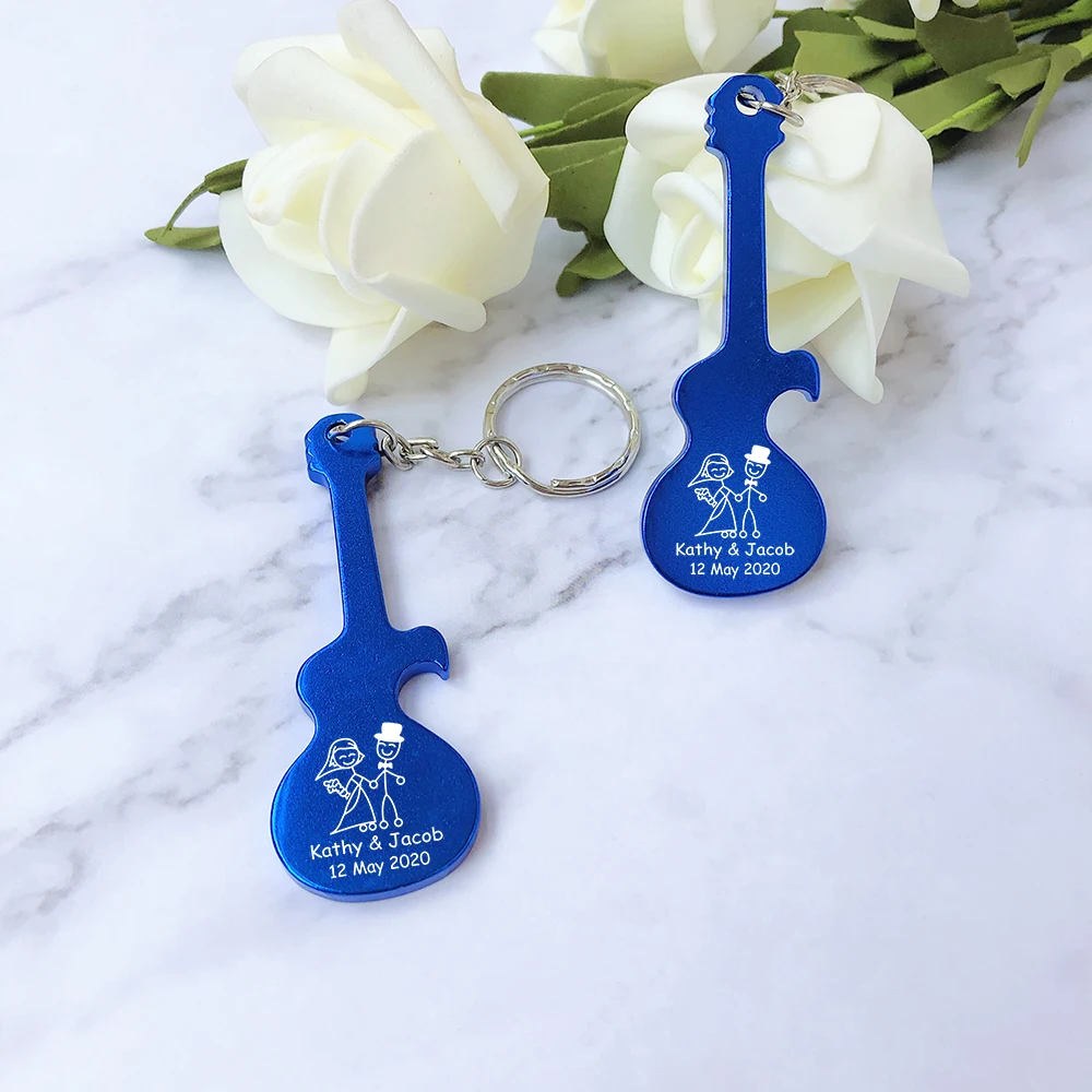 Wedding Favors for Guests Personalized Keychains Wedding Souvenirs Guitar Shaped Metal Key Chains with Bottle Openers