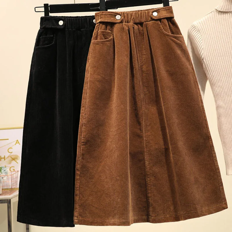 Plus Size 5XL Women Corduroy Skirt Vintage Harajuku A-line Long Skirt Female Autumn Winter High-waisted Brown Skirts