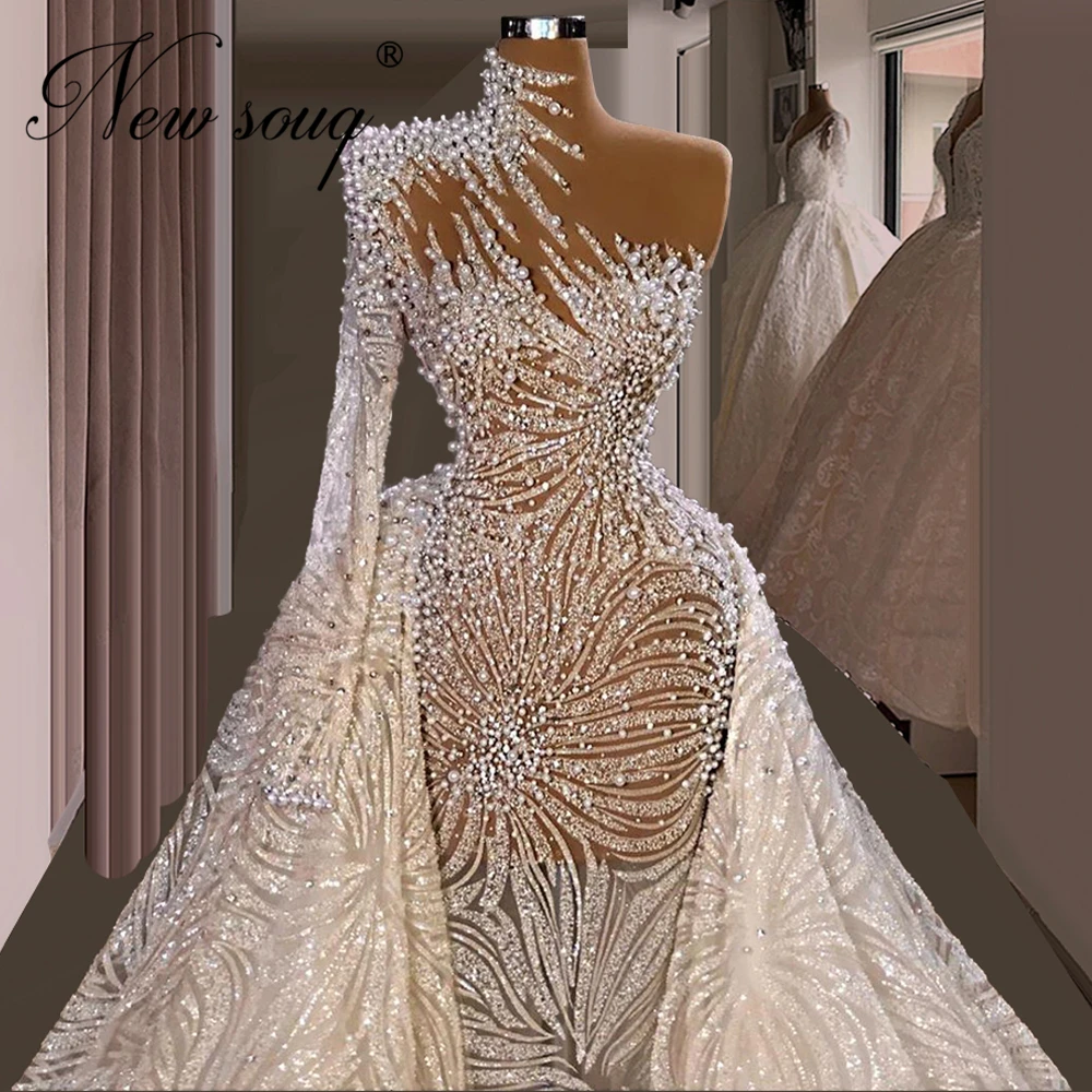 Haute Dubai-Vestidos de noche con perlas para bodas, traje de fiesta con diamantes de talla grande, personalizado de Oriente Medio, 2021