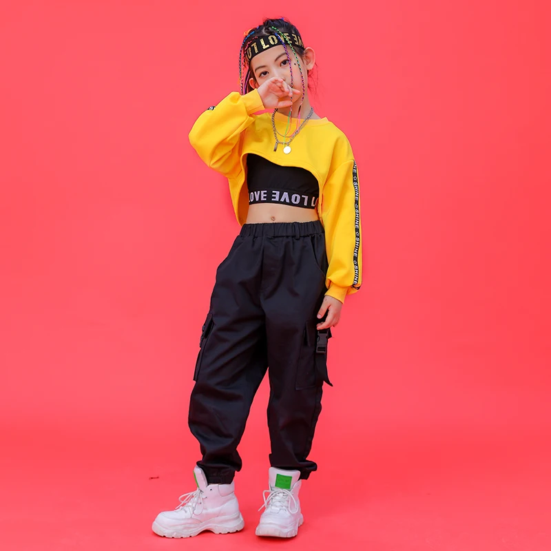 Girls Ballroom Hip Hop Clothing Yellow Loose Tops Black Hiphop Pants Children Jazz Street Dance Costumes Rave Clothes DQS6981