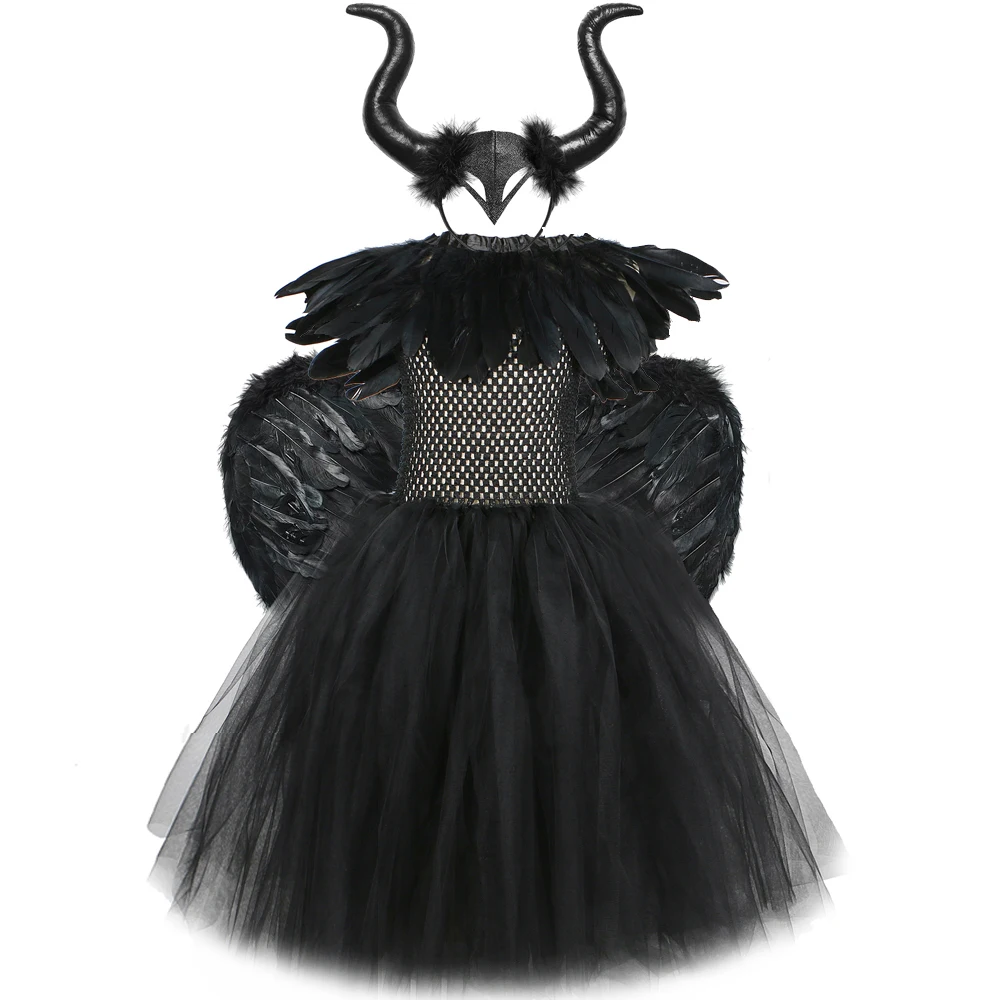 

Black Feather Halloween Costumes for Girls Kids Evil Queen Long Tutu Dress with Horns Wings Villian Witch Cosplay Outfit Set