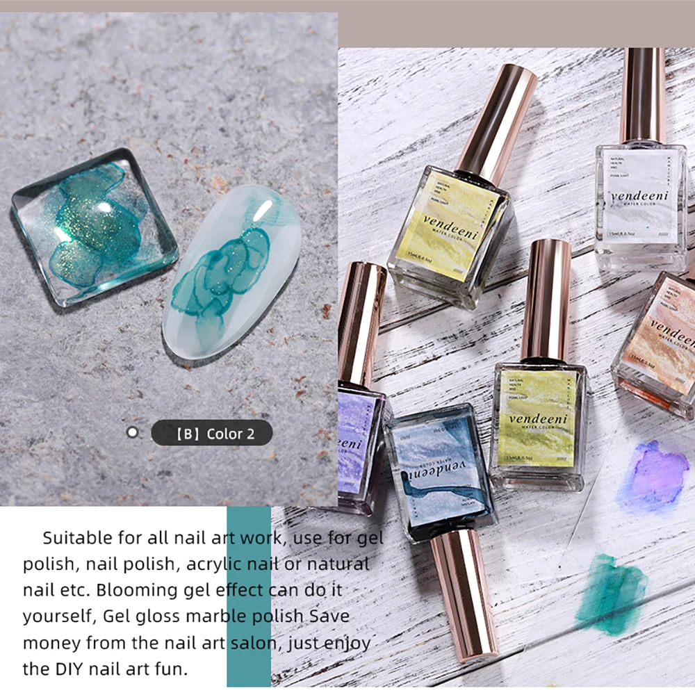 Vendeeni 12 Colors Gold Powder Glitter Blooming Gel Nail Polish Watercolor Ink Nail Paint Gel Lacquer Blossom Nail Gel Varnish